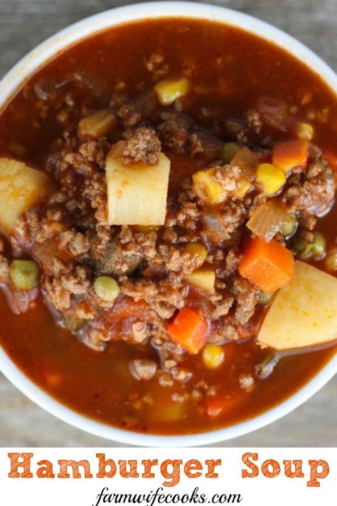 Hamburger Soup is a quick and easy meal idea packed with vegetables, ground beef, beef broth and tomato juice. Hamburger Soup uses ingredients you probably already have at home and it freezes well! #souprecipe #easyrecipe Vegetable Soup Hamburger, Vegetable Soup With Hamburger, Hamburger Soup With Tomato Soup, Recipes Using Beef Broth, Hamburger Soup With Fresh Vegetables, Hamburger Vegetable Soup With Tomato Juice, Vegetable Soup Crock Pot, Hamburger Vegetable Soup, Soup With Ground Beef