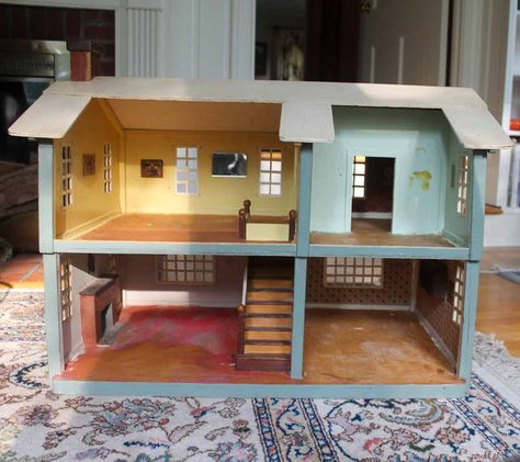 I’ve had my awesome circa-1940 vintage dollhouse for about six weeks now. I count that as one year in real-house time — and used those weeks to obsessively research and puzzle and quandary  the approach to take take with the dollhouse. Now, I have begun my restoration process in earnest. Golly, restoring a vintage dollhouse is pretty … 1940s Dollhouse, Trains Planes And Automobiles, Tin Dollhouse, Vintage Toys 1960s, Add A Room, Tin House, Antique Dollhouse, Doll House Plans, Wash Stand