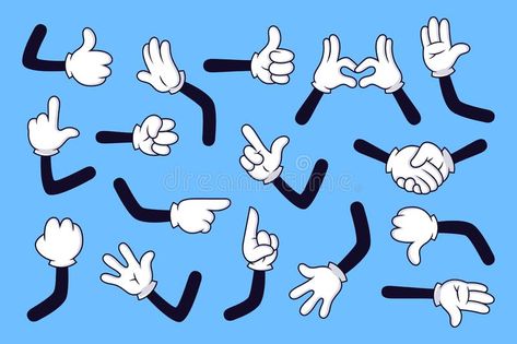 Cartoon arms. Gloved hands with different gestures, various comic hands in white gloves vector illustration set royalty free illustration Comic Hands, Cartoon Arms, Character Gesture, Gloves Illustration, Hands Cartoon, Cartoon Gloves, Cartoon Hands, Gloved Hands, 1930s Cartoons