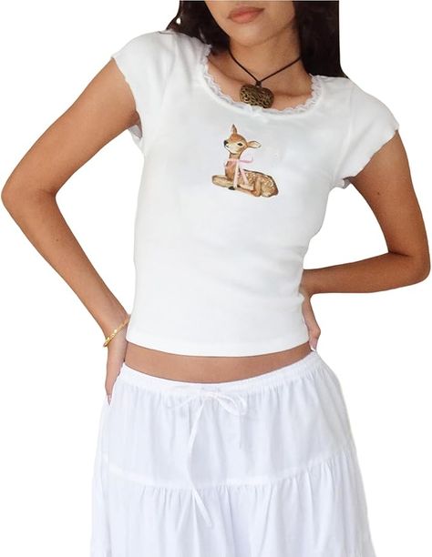 cropped white lace deer tee with bow soft girl ruffles coquette Coquette Aesthetic Clothes, Graphic Baby Tee, Shirts Crop, T Shirt Crop Top, Baby Graphic Tees, Baby Tees Y2k, Soft Girl, Amazon Women, Graphic Crewneck