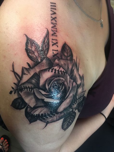 Baseball Rose Tattoo, Personal Tattoos, Remembrance Tattoos, Rose Tattoo, 11 11, Skull Tattoo, Tatting, Bat, Baseball