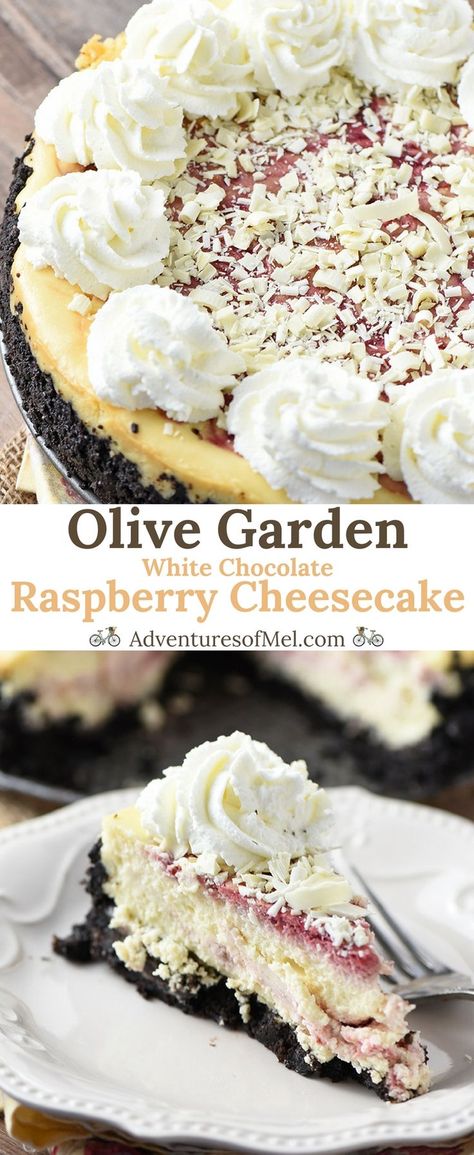 Olive Garden White Chocolate Raspberry Cheesecake is hands down my favorite restaurant dessert (we go way back). Heavenly copycat recipe made with a chocolate cookie crust and homemade raspberry swirl. #cheesecake #copycat #recipes #dessert #raspberry #chocolate #OliveGarden Raspberry Cheesecake Bites, Raspberry Cheesecake Cookies, Homemade Oreo Cookies, Chocolate Cookie Crust, Raspberry Cheesecake Bars, Philadelphia Torte, White Chocolate Raspberry Cheesecake, Chocolate Raspberry Cheesecake, The Cheesecake Factory