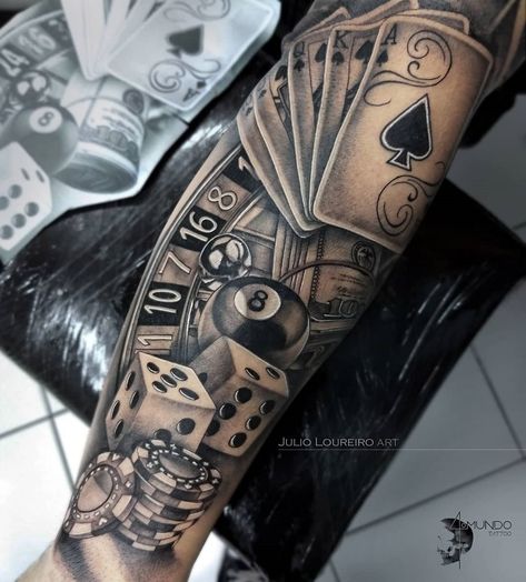 Gambling tattoo by Júlio Loureiro, an artist at Quarto Mundo Tattoo Studio in São Paulo, Brazil. Money Bag Tattoo, Poker Tattoo, Bag Tattoo, Tato Ikan Koi, Casino Tattoo, Vegas Tattoo, Card Tattoo Designs, Kartu Remi, Money Tattoo