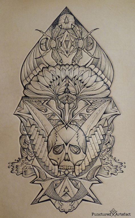 Flower Ace: tattooed leather art. www.puncturedartefact.com Skoll Hati, Flower Lungs, Geometric Flower Tattoo, Geometric Skull, Geometric Animal Tattoo, Skeleton Artwork, Evil Skull Tattoo, Masculine Tattoos, Art Skeleton