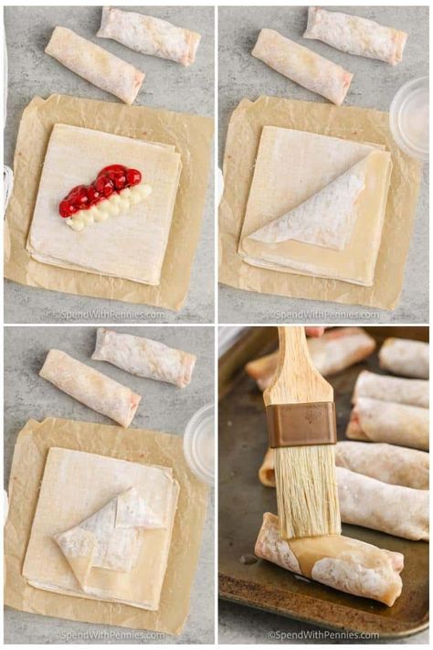 Cherry cheesecake can be made in delicious little mini egg roll wrappers! Try this easy recipe and whip up a batch of these special dessert treats for a party or potluck. They are tasty with whipped cream or a different kind of pie filling like blueberry or even chocolate dip. When it comes to cheesecake, these deep-fried or air-fried treats are always a big hit. #cherrycheesecake #spendwithpennies #cherrycheesecakeeggrolls #airfryereggrolls Easy Cheesecake Filling, Deep Fried Egg Rolls, Cheesecake Egg Rolls, Deep Fried Egg, Fried Cheesecake, Chocolate Dip, Fried Dessert, Kinds Of Pie, Egg Roll Wrappers