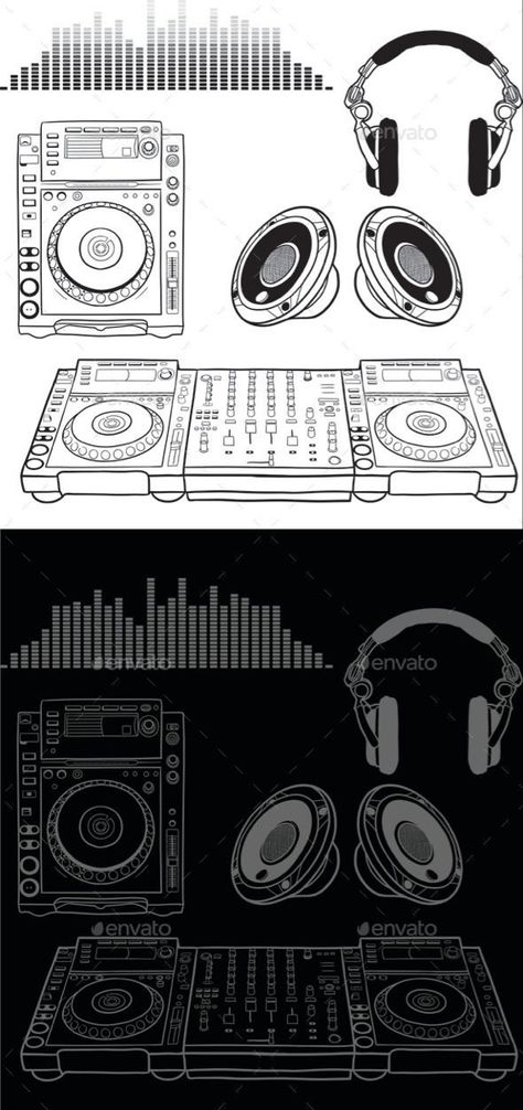 Dj Drawing Music Art, Dj Board Drawing, Dj Tatoos, Dj Art Artworks, Dj Elements, Dj Tattoo Designs, Dj Sketch, Karaoke Logo, Dj Cartoon