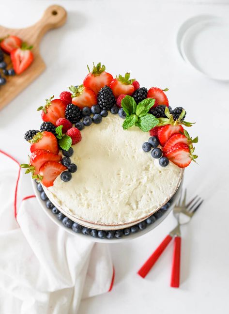 Swiss Meringue Buttercream Cake, Fruit Topped Cake, Homemade Vanilla Cake, Fruit Toppings, Berry Cake, Meringue Buttercream, Swiss Meringue, Swiss Meringue Buttercream, Very Berry