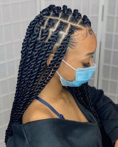 Twist With Cornrow Styles, Twists Hair Styles For Black Women, Twisted Box Braids Hairstyles, Cute Twist Braids Hairstyles, New Hair Braids Styles, Big Long Twist Braids, Twists Long Braids, Braids For Afro Hair, Styles Of Hair Braids