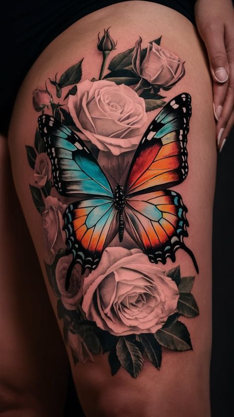 Sunflower Cover Up Tattoos For Women, Butterfly Cover Up Tattoo, Rose Butterfly Tattoo, Beautiful Butterfly Images, Rose And Butterfly Tattoo, Cover Up Tattoos For Women, Her Tattoo, Sunflower Butterfly, Rose Butterfly