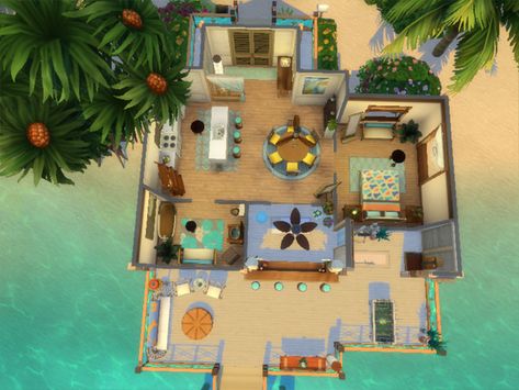 Mini Simmer's Tropical Beach house Mini House Plans, Bedroom Beach House, Little Beach House, Small Beach Houses, Tropical Beach Houses, Hawaiian Homes, Sims Houses, Sims 4 House Plans, Sims 4 House Building