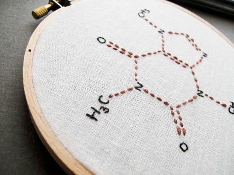 Caffeine molecule from The {NewNew} blog! Caffeine Molecule Art, Science Embroidery, Molecule Art, Caffeine Molecule, Not A Morning Person, Embroidery Wall Art, Art Embroidery, Needlework Patterns, Morning Person