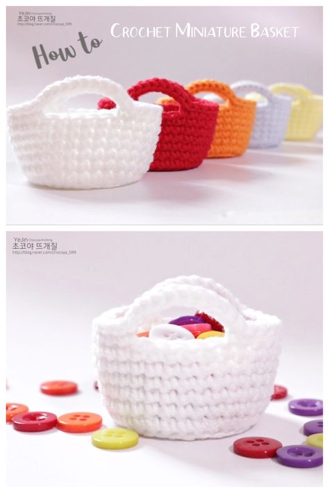 Crochet Miniature Basket Video Tutorial Storage Basket Ideas, Crochet Basket Diy, Chain Tutorial, Miniature Basket, Crochet Mini Bag, Crochet Basket Pattern Free, Crochet Box, Miniature Crochet, Crochet Keychain Pattern