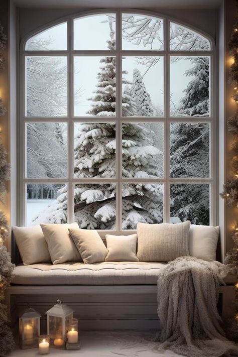 Cozy Christmas Living Room, Christmas Interiors, Christmas Themes Decorations, Christmas Decorations Living Room, Christmas Living Rooms, Window Seat, Christmas Aesthetic, Outdoor Christmas Decorations, Christmas Wallpaper