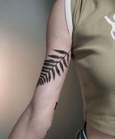 Palapalai Fern Tattoo, Fern Arm Wrap Tattoo, Fern Tattoo Inner Arm, Wrap Around Fern Tattoo, Fern Bicep Tattoo, Fern Wrap Tattoo, Fern Tattoo Placement, Fern Rib Tattoo, Fern Mushroom Tattoo