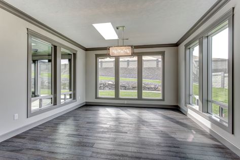 Remodeling our screened porch into this sun room. Stained Wood Trim, Trim Paint Color, Trim Paint, Dark Trim, Color Room, Colored Trim, House Trim, Repose Gray, Gray Trim