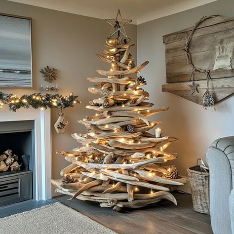 10 Unique Christmas Tree Ideas – FAYA Interior Design Diy Twig Christmas Tree, Drift Wood Christmas Tree, Driftwood Crafts Christmas, Christmas Tree Alternative Ideas, Driftwood Christmas Decorations, Alternative Christmas Tree Ideas, Driftwood Seahorse, Shell Art Ideas, Unique Christmas Tree Ideas