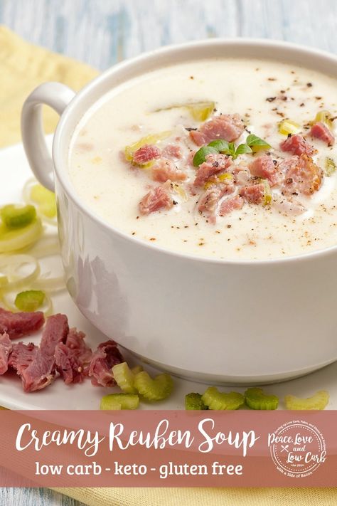 This Creamy Reuben Soup recipe takes a classic reuben sandwich and transforms it into a rich, creamy soup. The salty corned beef, acidic sauerkraut, rich cream and cheese, come together for a perfectly balanced keto soup. | Peace Love and Low carb Reuben Soup Recipe, Creamy Reuben Soup, Slow Cooker Clam Chowder, Reuben Soup, Classic Reuben Sandwich, Corned Beef Recipes Slow Cooker, Peace Love And Low Carb, Keto Soups, Healthy Low Carb Snacks