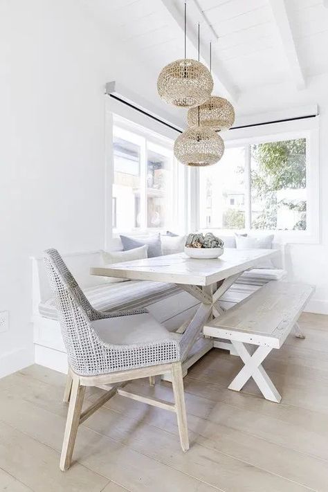 Upscale Coastal Bungalow Surf Style Beach House Beach House Tours Coin Banquette, Coastal Bungalow, Salt Interiors, Pure Salt Interiors, Coastal Dining Room, Pure Salt, Coastal Interiors Design, White Dining Table, White Dining Room