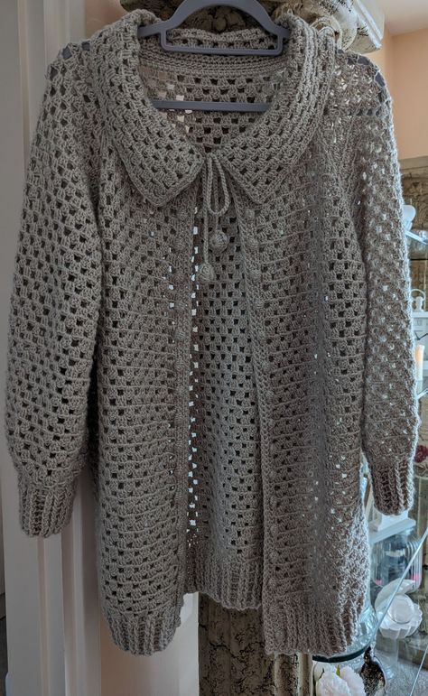 Crochet granny stitch cardigan with collar Granny Stitch Cardigan, Cardigan With Collar, Crochet Granny Stitch, Granny Stitch, Crochet Kimono, Jacket Ideas, Crochet Sweaters, Crochet Jacket, Crochet Granny