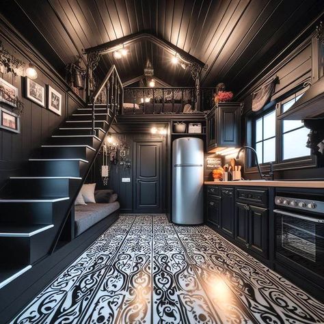 Black House Aesthetic Interior, Black House Aesthetic, Shed To Home, Tiny Loft, Out House, Tiny House Loft, Building Plans House, Tiny House Floor Plans, Container House Design