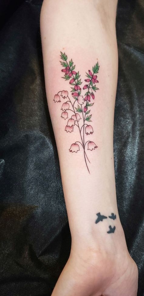 Scottish Heather & Lily of the Valley Tattoo, Wild Flower ... #tattoo #flowertattoos #tattooideas Heather Tattoo Scottish, Scottish Heather Tattoo, Heather Tattoos, Heather Flower Tattoo, Heather Tattoo, Harp Tattoo, Best Flower Tattoos, Based On Your Birth Month, Lily Of The Valley Tattoo