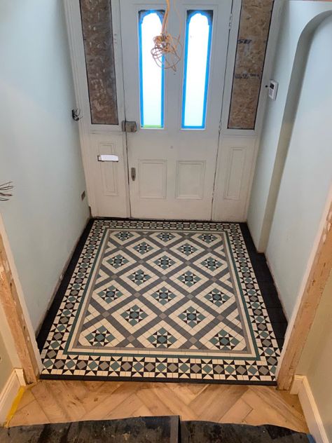 Gallery - Victorian Tiles London - Mosaic floor tiles - Victorian Geometric tiles Entrance Porch Flooring Ideas, Entryway Floors Ideas Entrance, Victorian Floor Tiles Porch, Tiled Doorway Entrance, Moroccan Tiles Hallway, Flooring For Hallways, 1930s Porch Tiles, Tiled Entrance Way, Entrance Hallway Tiles