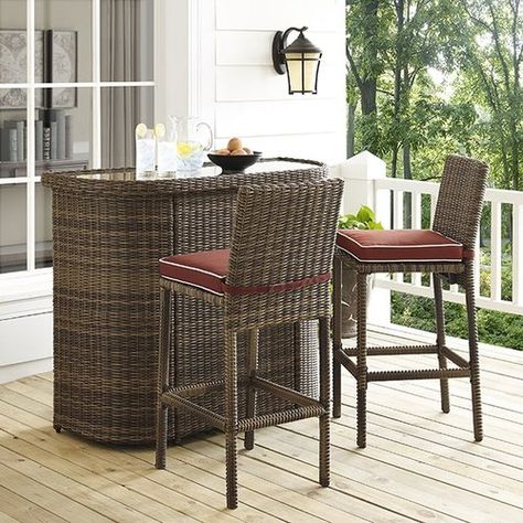 The Crosley Brandenton 3-Piece Wicker Bar Set includes a full-size bar and two elegant wicker stools for a comfortable and relaxing outdoor seating area. Bar Exterior, Outdoor Bar Sets, Portable Bar, Bar Table Sets, Patio Bar Set, Patio Bar, Outdoor Wicker, Bistro Set, Patio Dining Set