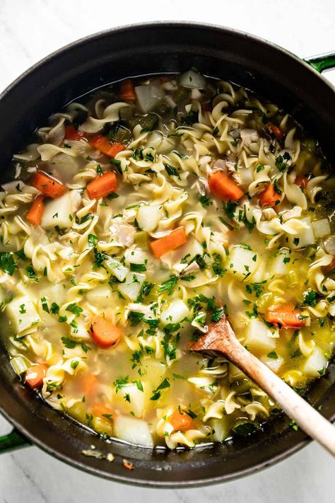 Chicken Noodle Soup with Potatoes - Foolproof Living Chicken Noodle Potato Soup, Chicken Noodle Soup With Potatoes, Shredded Chicken Nachos, Noodles With Peanut Sauce, Soup With Potatoes, Peanut Sauce Noodles, Anyone Can Cook, Sweet Potato Souffle, Potato Noodles