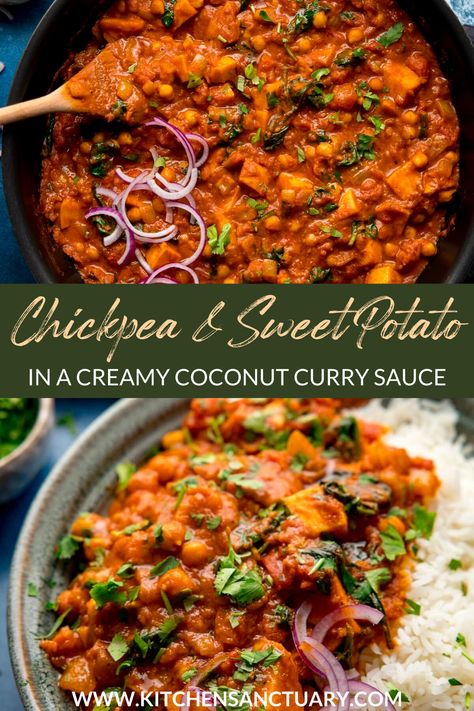 Creamy Vegetable Curry, Indian Sweet Potato Curry, Sweet Potatoes Chickpeas, Chickpeas Sweet Potato, Sweet Potato Lentil Coconut Curry, Indian Chickpea Curry Recipes, Curry Sweet Potato Recipes, Chickpea Vegetable Curry, Chickpea And Sweet Potato Curry