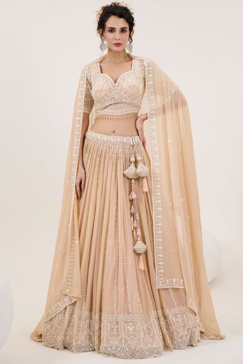 Golden Cream Heavy Embroidered Readymade Lehenga Choli Set Rose Gold Accessories, Georgette Lehenga, Indian Party, Engagement Ceremony, Embellished Heels, Lehenga Blouse, Ghagra Choli, Half Sleeve Blouse, Bridal Event