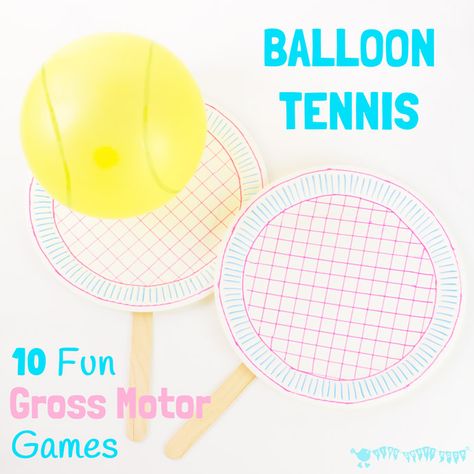 Balloon Tennis, Gross Motor Games, Balloon Games For Kids, Tennis Crafts, Indoor Party Games, Toddler Party Games, Summer Party Games, Wellbeing Activities, Balloon Games