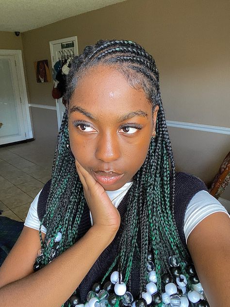 Green Fulani Braids, Green Goddess Braids, Green Cornrows, Dark Green Box Braids, Dark Green Braids, Green Braids Hairstyles, Green Knotless Braids, Fulani Braids With Beads, Green Braids