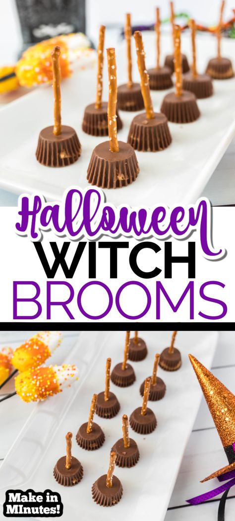 Check out these extremely easy-to-make Halloween Witch Broom Pretzels. Serve these tasty treats at your next Halloween party. #PretzelTreats #Halloween #HalloweenParty #PartyTreats Halloween Witch Brooms Food, Halloween Witch Broom Snack, Pretzel Witches Broom, Easy Desserts For Halloween Party, Witches Brooms Snack, Halloween Witches Broom Treats, Pretzel Witch Brooms, Halloween Broomstick Pretzels, Halloween Witch Snacks