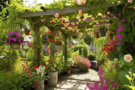 Pergola with hanging baskets of flowers and lanterns in the garden royalty free stock photography Landscape Pergola, Baskets Of Flowers, Hanging Flower Baskets, Outdoor Landscape, Hanging Flowers, Stock Photography Free, Flower Basket, Hanging Baskets, In The Garden