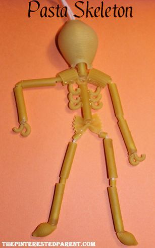 Pasta Skeleton - String up pasta pieces to make this spooky Halloween skeleton. - arts & crafts ideas for kids Pasta Skeleton, Pasta Crafts, Skeleton Craft, Halloween Pasta, Pasta Art, Human Body Unit, E Mc2, Halloween Crafts For Kids, Science Projects