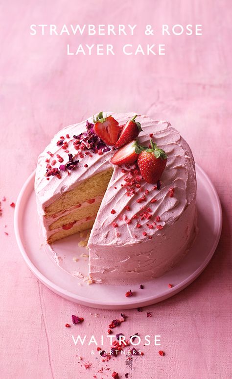 Pretty in pink and served with a double-dose of fresh strawberries, this recipe is summer in a cake! Layer fluffy sponge with meringue buttercream, strawberry purée and finish with a sprinkling of freeze-dried strawberry pieces.Tap for the full Waitrose & Partners recipe. Rose Cake Recipe, Cupcakes Strawberry, Waitrose Food, Blackberry Cake, Afternoon Tea Cakes, Layer Cake Recipes, Strawberry Cakes, Fresh Strawberries, Party Desserts