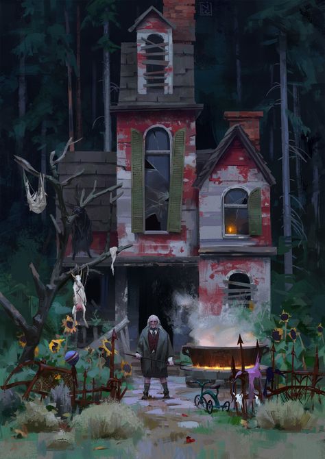 Creepy Town Art, Halloween Environment Concept Art, Haunted House Concept Art, Spooky Concept Art, Horror Environment Concept Art, Visdev Environment, Halloween Concept Art, Scary Digital Art, Horror Concept Art