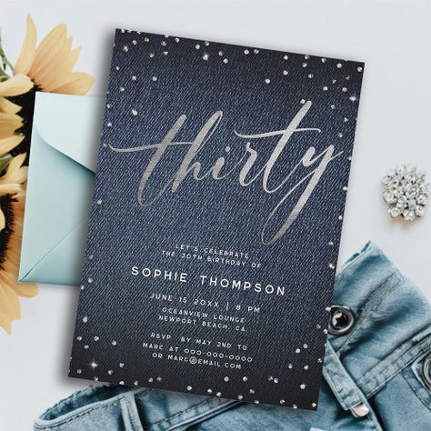 Denim Diamonds Modern Minimalist 30th Birthday for $2.98 - Birthday Invitations Denim Diamonds, Birthday Calligraphy, 98th Birthday, Thirtieth Birthday, Denim Background, Calligraphy Modern, 30th Birthday Party, Thirty Birthday, Birthday Collection