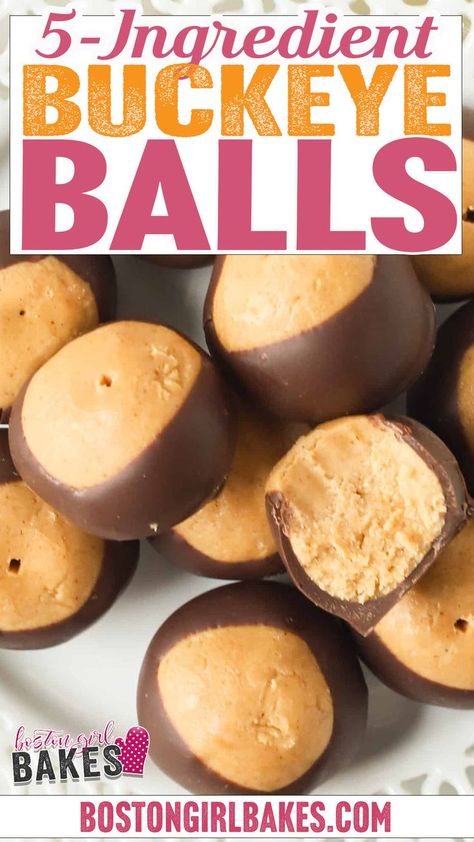 This buckeye balls recipe is super easy to make and a perfect no bake treat for the holidays! Made with just 5 ingredients, these buckeye balls are going to become a family favorite! They are made on the stovetop, do not require a candy thermometer, and only about 15 minutes chilling time! | @bostongirlbakes #bestbuckeyeballsrecipe #easybuckeyeballsrecipe #eastertreats #eastercookies #buckeyeballsrecipe Peanut Butter Buckeye Balls, Buckeyes Recipe With Rice Krispies, Easy Buckeyes Recipe, Buckeye Recipes, Best Buckeyes Recipe, Buckeye Bars Recipe, Buckeye Balls Recipe, Buckeye Recipe Easy, Buckeye Cookies