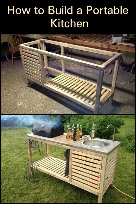 This outdoor kitchen is portable and easy to build! Diy Camping Kitchen Homemade, Campsite Outdoor Kitchen, Patio Sink Outdoor, Outdoor Camp Kitchen Ideas, Outdoor Kitchen Made From Pallets, Outdoor Wooden Kitchen, Outdoor Portable Kitchen, Outside Cooking Station, Deck And Outdoor Kitchen