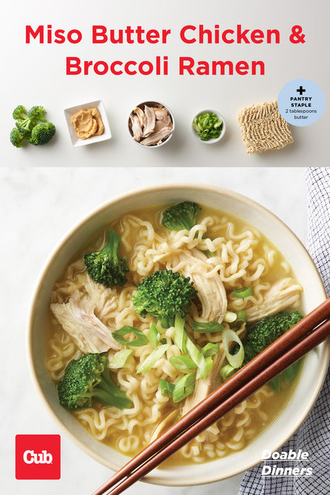 Bowl of Miso Butter Chicken and Broccoli Ramen with chopsticks. Chicken And Broccoli Ramen, Broccoli Ramen, Bite Size Breakfast, Noodles Dinner, Chicken Ramen Recipe, Fruit Ice Pops, Single Serve Meals, Bagel Bread, Breakfast Cupcakes