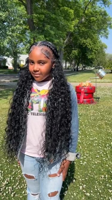 Two Braids With Weave In The Back Curly, Two Braids Hairstyle Black Women Weave, 2 Stitch Braids With Quick Weave, Curly Leave Out Sew In, Black Teen Girl Hairstyles, Curly Weave Hairstyles Sew In, Braids With Leave Out, Sew In Hairstyles With Braids, Two Braids With Weave In The Back