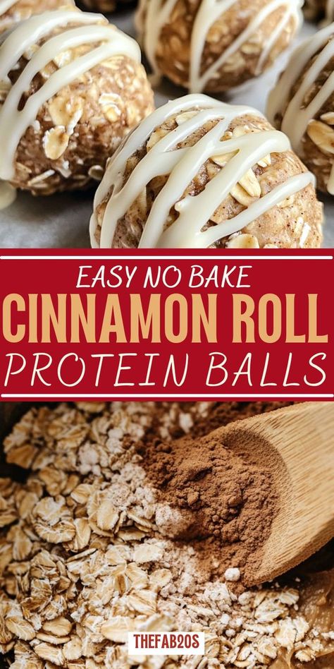 No-bake cinnamon roll protein balls drizzled with white chocolate, made with oats and almond butter, perfect for a healthy, peanut butter-free snack. Peanut Butter Oats Protein Balls, Healthy Peanut Butter Balls Oats, Vanilla Protein Balls No Bake, Oat And Peanut Butter Balls, Cinnamon Roll Energy Balls, Protein Balls With Oats, Protein Balls Healthy Protein Powder, Cinnamon Toast Crunch Protein Balls, Cinnamon Roll Protein Balls