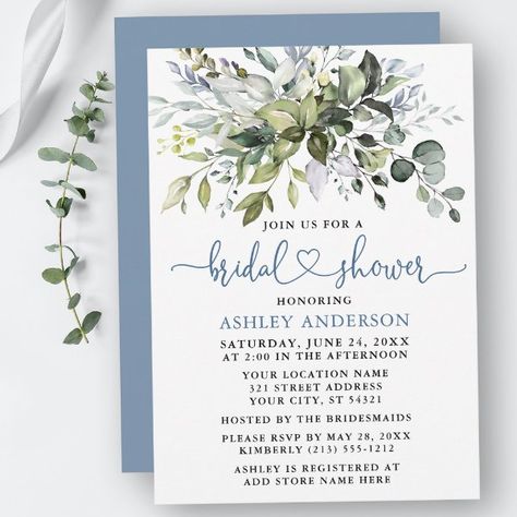 Bridal Shower Dusty Blue, Blue Bridal Shower Invitations, Bridal Luncheon Invitations, Bohemian Chic Weddings, Bridal Shower Luncheon, Green Bridal Showers, Blue Winter Wedding, Script Heart, Boho Bridal Shower Invitations