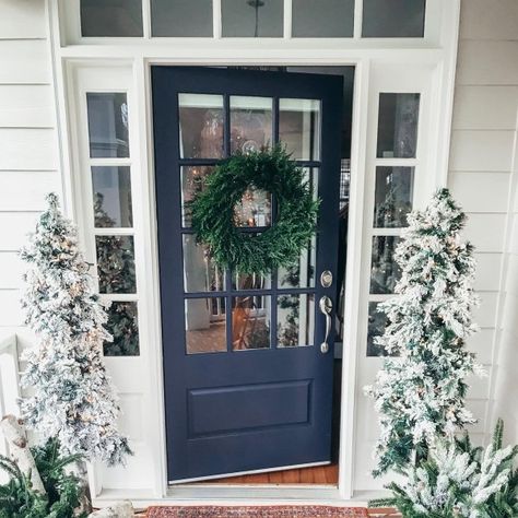 Brick House Front Door Colors, Lake House Paint Colors, Navy Front Door, Pastel Paint Colors, Cedar Wreath, Delivery Guy, Blue Front Door, Snow Trees, Front Door Paint Colors