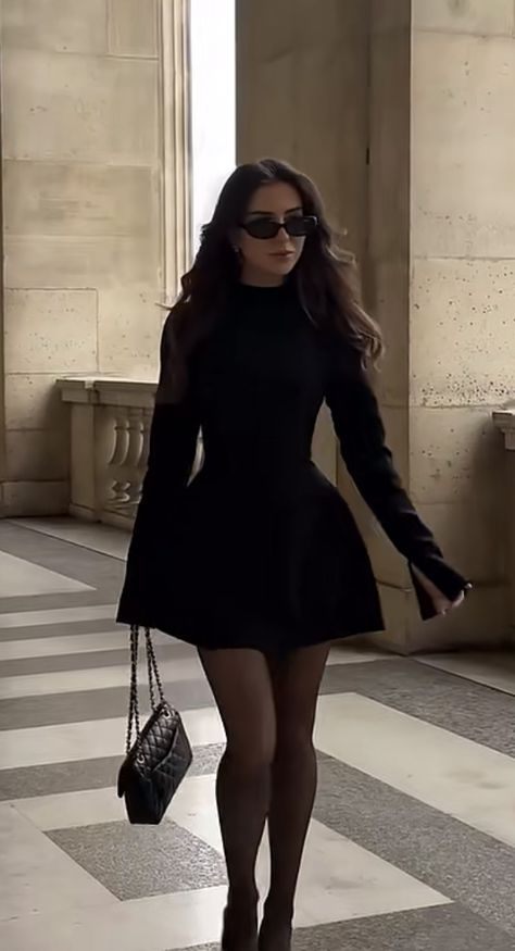 Black Dress Thanksgiving Outfit, Paris Night Outfit Winter, Cold Classy Outfit, Holiday Black Dress, Black Skirt Christmas Outfit, Night In Paris Outfit Dresses, Winter Dress Aesthetic, Winter Party Outfit Night Classy, Cold Weather Skirt Outfits