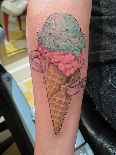 Ice Cream tattoo, if I ever get a tat I would want something like this... but smaller Ice Cream Tattoo, Cream Tattoo, Neo Trad Tattoo, Food Tattoos, Kawaii Tattoo, Cute Tattoos For Women, Tattoo Life, Sister Tattoos, Popular Tattoos