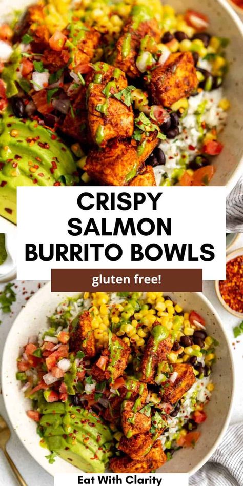 Healthy Summer Bowls, Gluten Free Recipes For Dinner High Protein, Mexican Grain Bowl, Salmon Chickpea Bowl, Southwest Salmon Bowl, Fish Based Meals, High Protein Gluten Free Recipes, Salmon Burrito Bowl, Low Carb High Protein Bowls