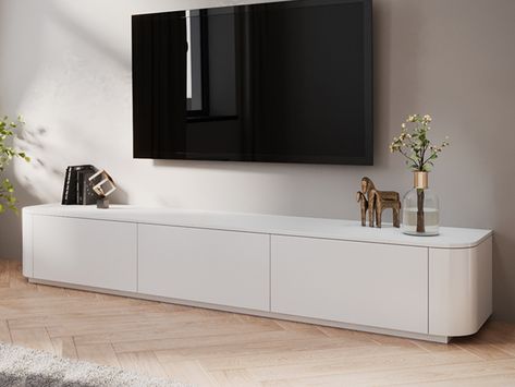 White Sentara Floor Model TV Unit - Modern Design with Elegant Curved Corners White Gloss Tv Unit, Long Tv Unit, Black Tv Unit, Black Tv Cabinet, Wall Mounted Tv Unit, Floating Tv Cabinet, White Tv Unit, White Tv Cabinet, White Round Dining Table