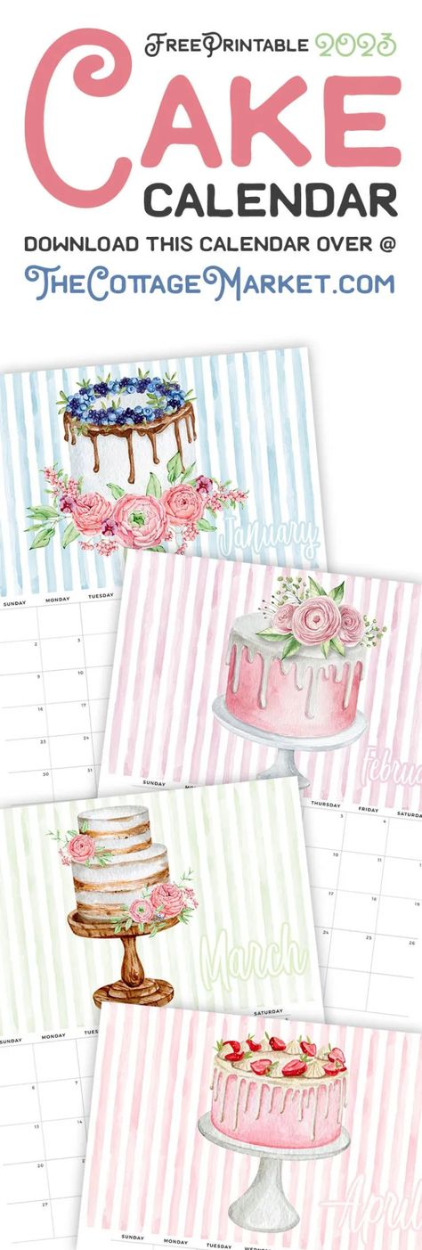 This Free Printable 2023 Cake Calendar is Sweet as can be! Gorgeous Cakes… fun stripes and the prettiest of colors will fill all the Months of the Year! The Calendars keep rolling out! Come get your Sweet Free Printable 2023 Cake Calendar. Each one is prettier than the next and they are going to look amazing wherever you put them! This Calendar will also get your organized in a snap and many times it will make you hungry too! All The Months, Project Steps, Free Digital Scrapbooking, Party Printables Free, Pet Hacks, Do It Yourself Projects, Gorgeous Cakes, Personal Planner, Months In A Year